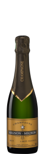 Bouteille de champagne Mignon Mignon — Cuvée brut en demi bouteille présentée seule sur fond transparent.