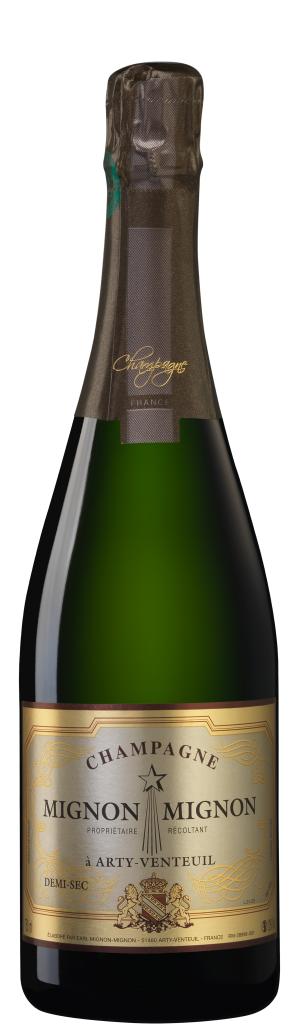 Bouteille de champagne Mignon Mignon — Cuvée Demi-sec présentée seule sur fond transparent.